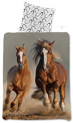 Påslakanset - Hästar - 140x200 cm - Brune galopperande hästar - 2-i-1 - 100% bomull
